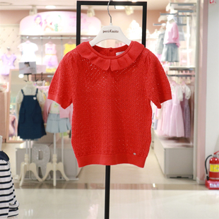 PERIMITZ女童红色翻领套头针织衫韩国24夏季T恤透气短袖纯棉