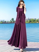 紫色雪纺连衣裙女夏套装，裙2023流行气质，修身显瘦长裙开衫两件套