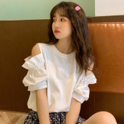性感女装露肩短袖t恤女夏季韩版宽松设计感小众白色上衣ins体恤衫