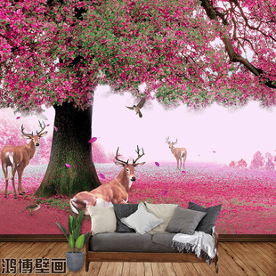自粘贴画樱花与鹿山水画客厅，卧室自然风景背景墙壁画高清防水贴纸