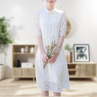 五分袖米白色新中式改良版，旗袍连衣裙女春夏装，2024气质a裙子
