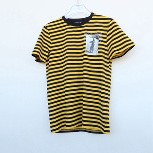 拉PT系列S/M/L/XL男装夏纯棉重磅条纹圆领短袖T恤2A2493黄色