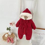 婴儿衣服红色冬装女婴连体衣棉服，保暖外出韩版洋气，宝宝哈衣拜年服
