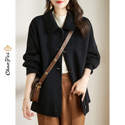 韩版羊毛绒大衣女装，2022秋冬季小个子气质百搭黑色，双面呢外套
