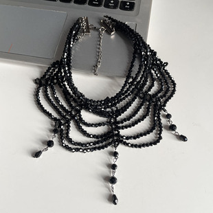 黑色项链纯手工编织多层人造水晶哥特朋克中世纪串珠项链小众
