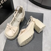 日系厚底玛丽珍鞋女2023年夏季珍珠蝴蝶结法式高跟小皮鞋单鞋