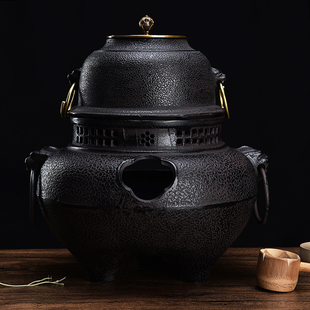 唐代煎茶煮茶器鬼面风炉铸铁炉炭火铁壶煮茶炉火，钵风釜功夫