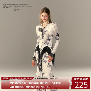bbblue原创设计新中式，清冷感水墨，蝴蝶丝绒连衣裙两件套长裙套装