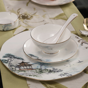 单个碗盘碟组合家用骨瓷餐具散件中国风高档描金轻奢餐具套装送礼