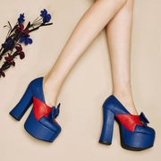 蓝色拼色小个子超高跟鞋，女粗跟2024春季防水台厚底一脚蹬单鞋