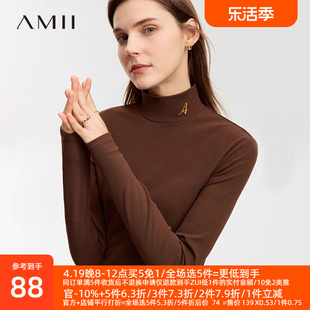 amii极简t恤女2024春修身显瘦打底衫字母绣花半高领加绒上衣