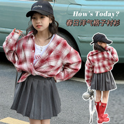 女童春季格子衬衫T恤两件套2024韩版儿童网红宽松休闲上衣潮