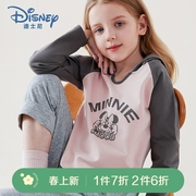 迪士尼女童长袖t恤2024春季儿童打底衫薄款洋气休闲上衣童装