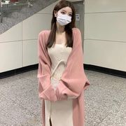 长款针织开衫女秋冬2022新韩式慵懒温柔风气质粉色小个子毛衣外套