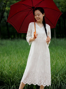 原创小众女装复古法风精致刺绣V领高腰显瘦中长款白色连衣裙S174