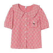 日系可爱红色格子衬衫女夏季学院风百搭宽松学生娃娃领衬衣