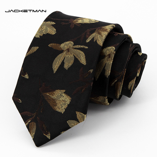 jacketman领带男士韩版正装棕色英伦，窄款绿色花朵纹休闲7cm礼盒装