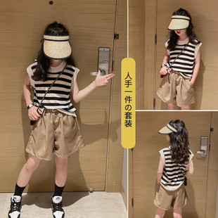 女童镂空背心套装夏季韩版洋气中大童短袖短裤时髦炸街女大童夏装