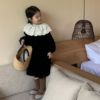 鲍小鱼2024春季韩国女童装复古法式赫本风蕾丝翻领丝绒连衣裙