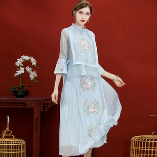 中国风套装女两件套欧根纱刺绣花中式复古唐装上衣百褶半裙民族风