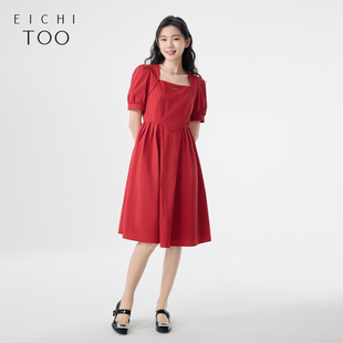 爱居兔夏季暗红色氛围感法式方领短袖连衣裙