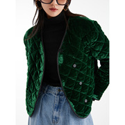 壹薇丝绒绗缝新中式，短款棉服浓墨重彩墨绿色箱型小外套女有大码
