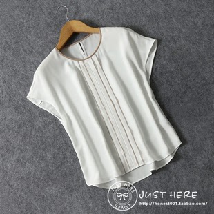 日本原单2021夏女士(夏女士，)白色通勤圆领套头衫，出口外贸蝙蝠款短袖雪纺衫