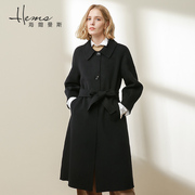 海尔曼斯秋冬女装双面，呢大衣黑色呢子外套，纯色羊毛毛呢系带