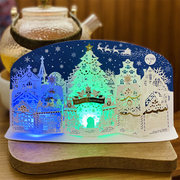 日本创意圣诞城镇灯光音乐立体贺卡纸雕镂空平安夜装饰摆件留言卡