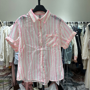 18295粉色竖条纹polo领衬衫女夏季宽松休闲百搭短袖小衫上衣