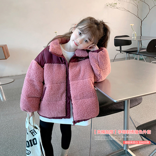 女童外套2023冬装儿童韩版时髦宝宝pu皮拼接羊羔绒潮夹棉加厚