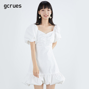 gcrues白色泡泡袖连衣裙女夏季荷叶，边裙短袖高腰鱼尾裙小个子