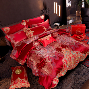结婚四件套大红色新婚喜被婚礼真丝棉，刺绣长绒棉婚庆床上用品十件
