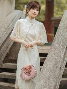 司藤景甜同款气质改良版钉珠镂空蕾丝，旗袍搭配小披肩，两件套裙装仙
