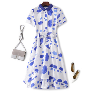 夏季蓝色波点连衣裙拼接不规则裙子欧美气质修身翻领短袖衬衫裙