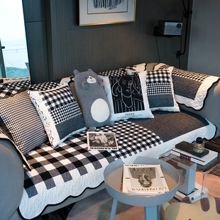 格子沙发垫套罩透气毛绒简约现代坐垫，北欧黑白防滑客厅沙发巾盖布
