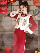 新中式红色旗袍2023冬季少女长袖加厚拜年服新年马甲，唐装国风套装