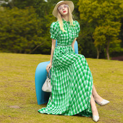 帝弗润驰2024夏新复古绿色格子连衣裙女气质修身高级感英伦风长裙