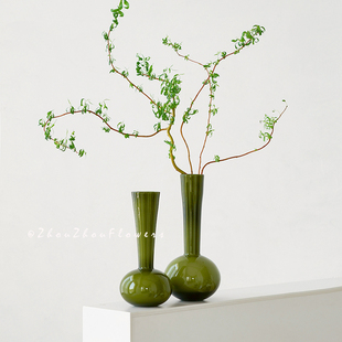法式中古高级感琉璃花瓶橄榄绿手工小众艺术蝴蝶兰插花瓶客厅摆件