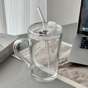 带盖把手吸管喝水玻璃杯子 ins风家用高颜值女果茶饮品透明马克杯