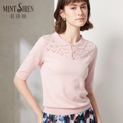 春季粉色短袖针织衫翻领减龄小众设计短款中袖羊毛衫轻熟上衣