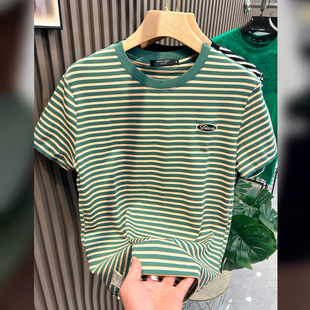 绿色横条纹短袖t恤男2024年夏季纯棉刺绣，体恤时尚潮牌ins潮流