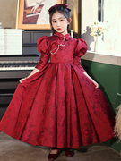 女童生日公主裙高端花童女孩中国风主持人红色旗袍儿童晚礼服冬季