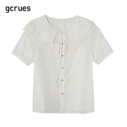 gcrues刺绣镂空衬衫女2024夏季单排扣短袖，白色娃娃领上衣系带