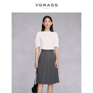 vgrass云母白色刺绣泡泡袖，短袖t恤女2024春夏，设计感上衣宽松