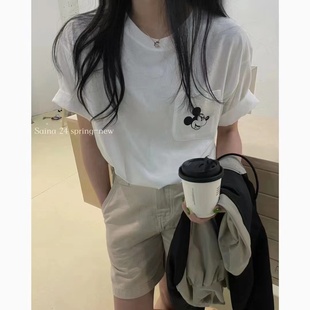 SAINA白色米奇短袖t恤女春夏设计感小众宽松显瘦纯棉体恤上衣