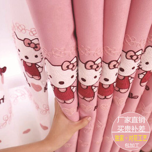 韩式粉色女孩卧室落地飘窗儿童猫咪卡通棉麻成品遮光绣花窗帘可爱