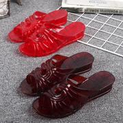 坡跟塑胶妈妈夏防滑(夏防滑)透明防臭中跟水晶拖鞋，凉拖鞋复古中老年防水台