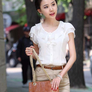 夏季荷叶边泡泡袖白色衬衫，女短袖韩版修身白领工服，白衬衣(白衬衣)半袖上衣