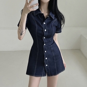 韩国chic复古气质翻领单排扣明线设计感收腰显瘦短袖牛仔连衣裙女
